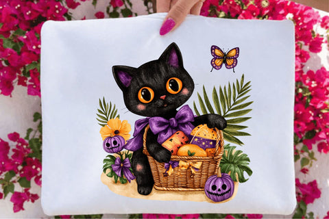 Cute Halloween Black Cat with Pumpkin Treat Basket Sublimation SVGArt 