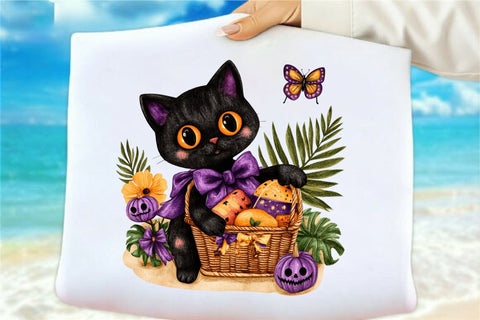 Cute Halloween Black Cat with Pumpkin Treat Basket Sublimation SVGArt 