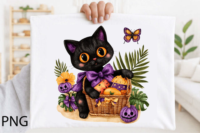Cute Halloween Black Cat with Pumpkin Treat Basket Sublimation SVGArt 