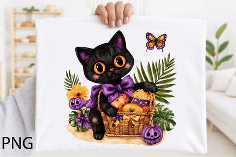 Cute Halloween Black Cat with Pumpkin Treat Basket Sublimation SVGArt 