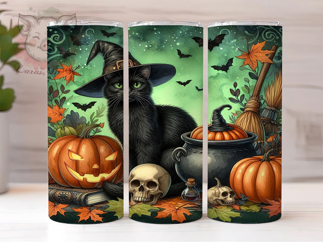 Cute Halloween Cat 20 oz Skinny Tumbler Sublimation Design, Straight & Tapered Tumbler Png, Black Cat Tumbler Png, Digital Download PNG Sublimation Lara' s Designs 