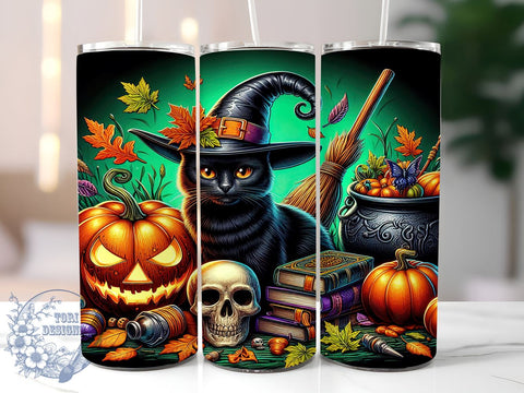 Cute Halloween Cat 20oz Skinny Tumbler PNG, Black Cat Tumbler Sublimation Wrap, Straight & Tapered Tumbler Wrap, Instant Digital Download Sublimation ToriDesigns 
