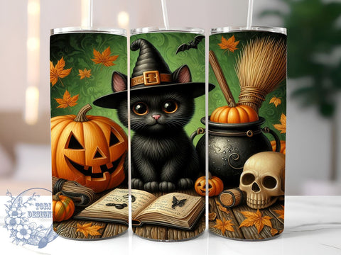 Cute Halloween Cat 20oz Skinny Tumbler PNG, Black Cat Tumbler Sublimation Wrap, Straight & Tapered Tumbler Wrap, Instant Digital Download Sublimation ToriDesigns 