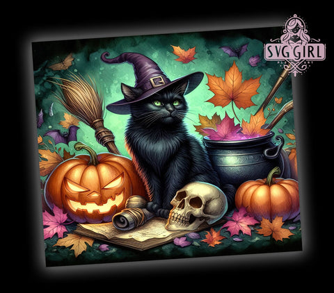 Cute Halloween Cat 20oz Tumbler Wrap Sublimation Design, Straight Tapered Tumbler Wrap, Black Cat Tumbler Png, Instant Digital Download Sublimation SvggirlplusArt 