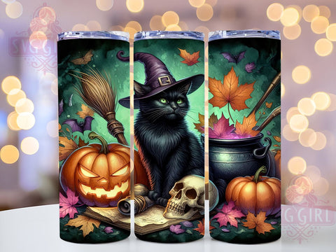 Cute Halloween Cat 20oz Tumbler Wrap Sublimation Design, Straight Tapered Tumbler Wrap, Black Cat Tumbler Png, Instant Digital Download Sublimation SvggirlplusArt 