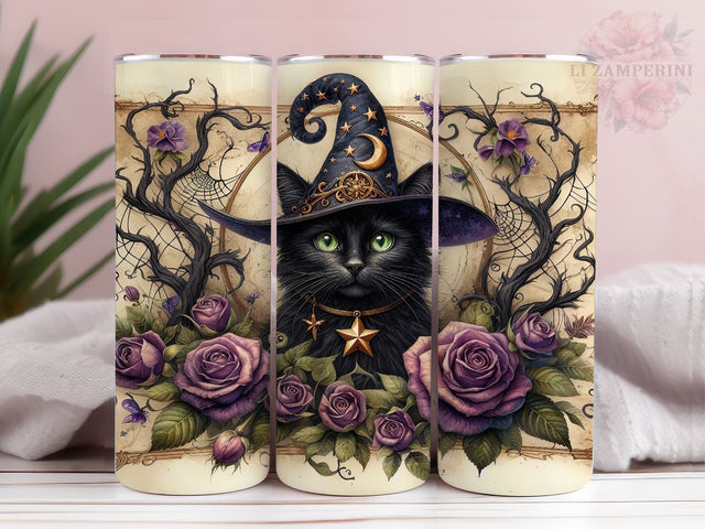 Cute Halloween Cat Purple Vintage Roses 20oz Tumbler Wrap PNG, Halloween Cat Tumbler Png, Straight & Tapered Tumbler Wrap, Instant Digital Download Sublimation Li Zamperini 