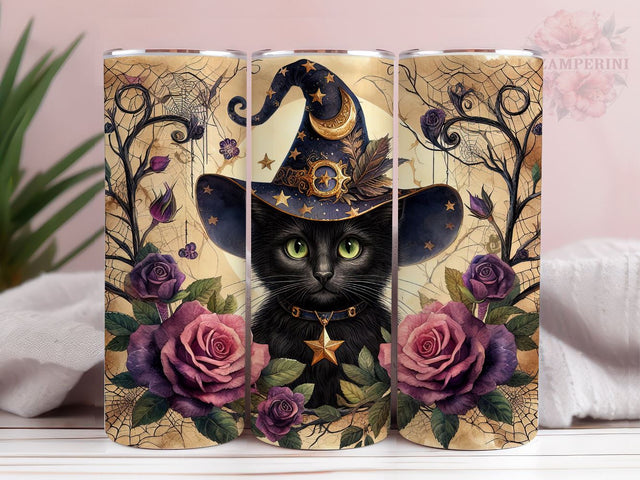 Cute Halloween Cat Purple Vintage Roses 20oz Tumbler Wrap PNG, Halloween Cat Tumbler Png, Straight & Tapered Tumbler Wrap, Instant Digital Download Sublimation Li Zamperini 
