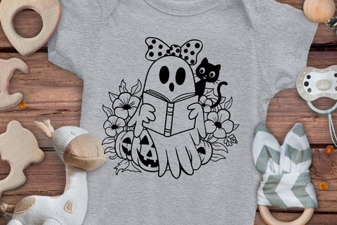 Cute Halloween Ghost and Cat SVG | Reading Ghost with Bow & Flowers | Spooky Pumpkin Design | Perfect for DIY Crafts, T-Shirts, Tumblers SVG TonisArtStudio 
