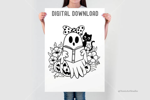 Cute Halloween Ghost and Cat SVG | Reading Ghost with Bow & Flowers | Spooky Pumpkin Design | Perfect for DIY Crafts, T-Shirts, Tumblers SVG TonisArtStudio 