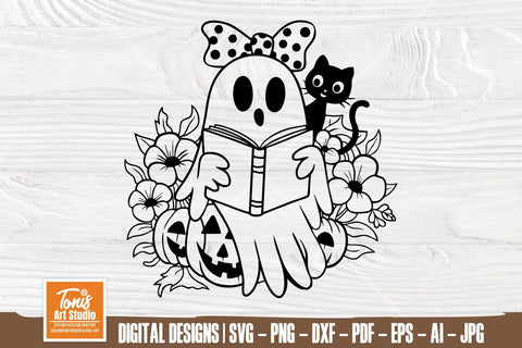 Cute Halloween Ghost and Cat SVG | Reading Ghost with Bow & Flowers | Spooky Pumpkin Design | Perfect for DIY Crafts, T-Shirts, Tumblers SVG TonisArtStudio 