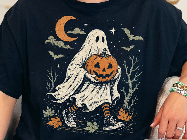 Cute Halloween Ghost Holding Pumpkin PNG SVG DesignDestine 