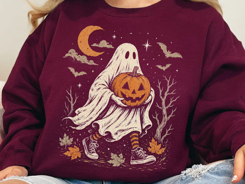 Cute Halloween Ghost Holding Pumpkin PNG SVG DesignDestine 