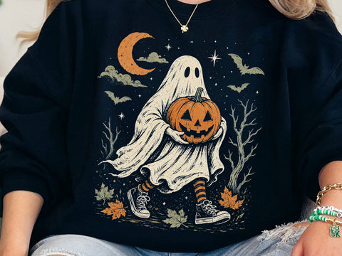 Cute Halloween Ghost Holding Pumpkin PNG SVG DesignDestine 