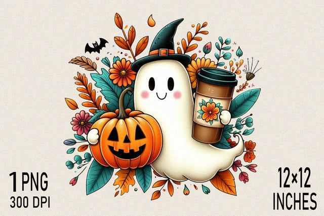 Cute Halloween ghost holding pumpkin Sublimation Clipart Sublimation SVGArt 
