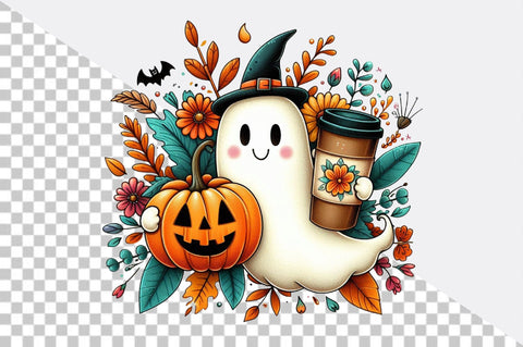 Cute Halloween ghost holding pumpkin Sublimation Clipart Sublimation SVGArt 