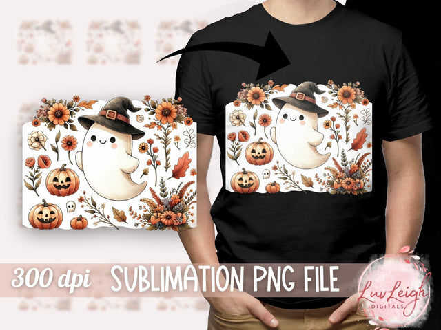Cute Halloween Ghost with Flowers and Pumpkins PNG Sublimation Luvleigh Digitals 