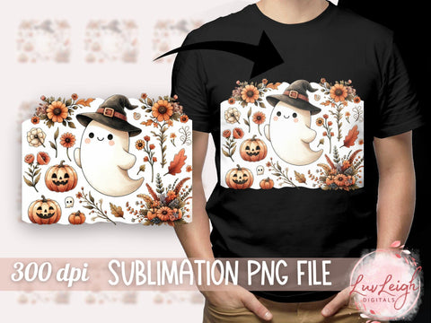 Cute Halloween Ghost with Flowers and Pumpkins PNG Sublimation Luvleigh Digitals 