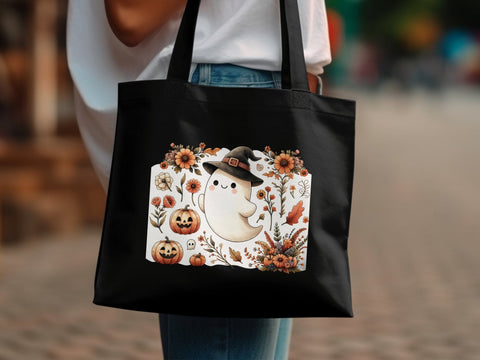 Cute Halloween Ghost with Flowers and Pumpkins PNG Sublimation Luvleigh Digitals 