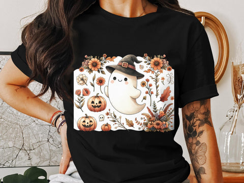 Cute Halloween Ghost with Flowers and Pumpkins PNG Sublimation Luvleigh Digitals 