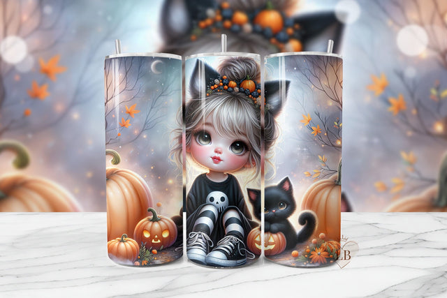 Cute Halloween Girl & Black Cat Tumbler Sublimation Design Sublimation BijouBay 