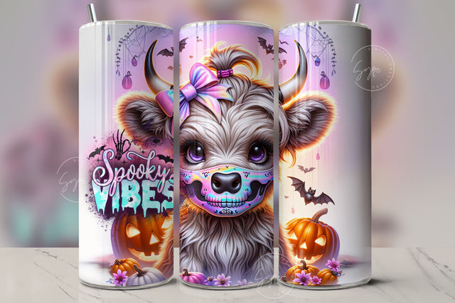 Cute Halloween Highland Cow Tumbler Wrap 20oz Skinny Sublimation Design Halloween Spooky PNG Halloween Face Mask Keepin It Spooky Digital Sublimation Syre Digital Creations 