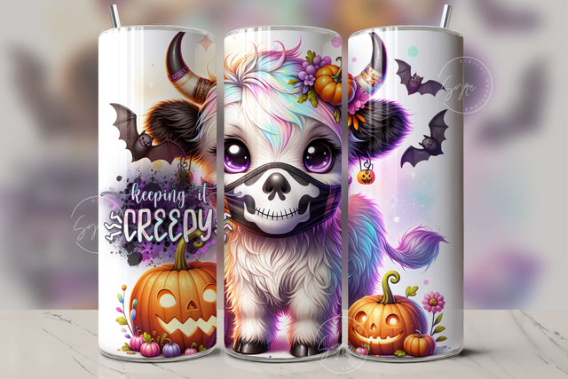 Cute Halloween Highland Cow Tumbler Wrap 20oz Skinny Sublimation Design Halloween Spooky PNG Halloween Face Mask Keepin It Spooky Digital Sublimation Syre Digital Creations 