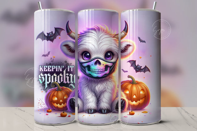 Cute Halloween Highland Cow Tumbler Wrap 20oz Skinny Sublimation Design Halloween Spooky PNG Halloween Face Mask Keepin It Spooky Digital Sublimation Syre Digital Creations 