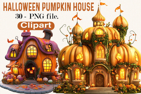 Cute Halloween Pumpkin House Clipart Bundle. Sublimation SVGArt 