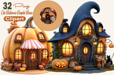 Cute Halloween Pumpkin House Clipart Bundle. Sublimation SVGArt 