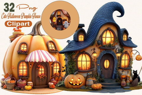 Cute Halloween Pumpkin House Clipart Bundle. Sublimation SVGArt 