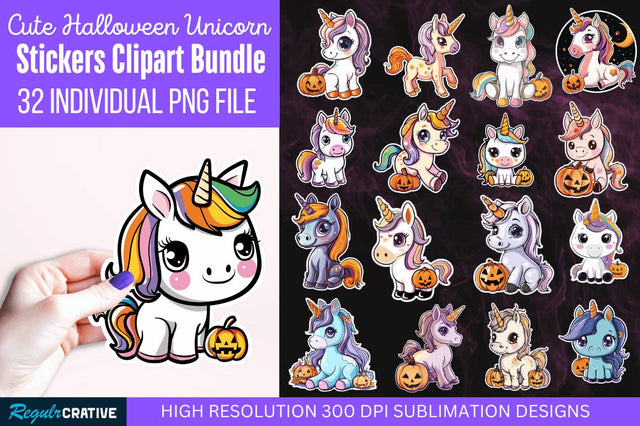 Cute Halloween Unicorn Stickers Bundle Sublimation Regulrcrative 