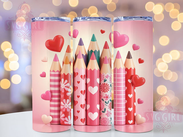 Cute Heart Pencil Teacher Tumbler, Heart Pencil Pattern, Cute Teacher Design, 20Oz Sublimation Wrap, School Pencil Art, Love Teacher Texture, Tumbler Sublimation Sublimation SvggirlplusArt 