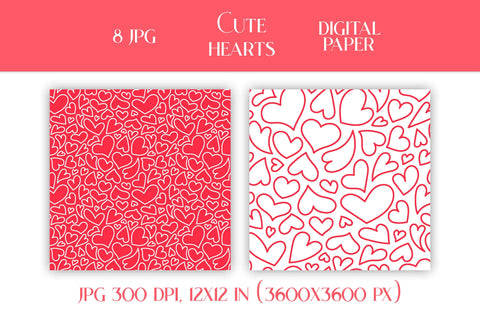 Cute Hearts Digital Paper Valentines Day Patterns Pack JPG | Scrapbooking Paper Collection | Pink, Red, Black and White Love Backgrounds Digital Pattern AnnaViolet_store 