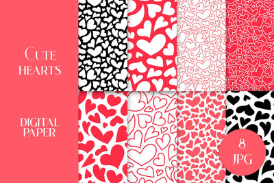 Cute Hearts Digital Paper Valentines Day Patterns Pack JPG | Scrapbooking Paper Collection | Pink, Red, Black and White Love Backgrounds Digital Pattern AnnaViolet_store 