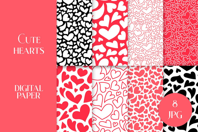 Cute Hearts Digital Paper Valentines Day Patterns Pack JPG | Scrapbooking Paper Collection | Pink, Red, Black and White Love Backgrounds Digital Pattern AnnaViolet_store 
