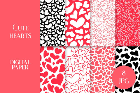 Cute Hearts Digital Paper Valentines Day Patterns Pack JPG | Scrapbooking Paper Collection | Pink, Red, Black and White Love Backgrounds Digital Pattern AnnaViolet_store 