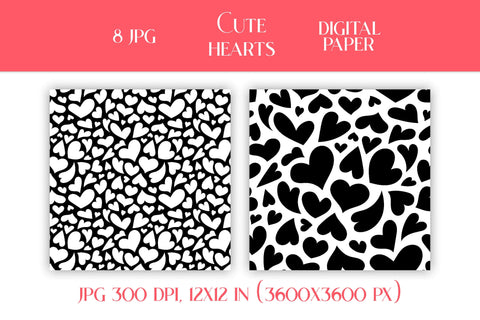 Cute Hearts Digital Paper Valentines Day Patterns Pack JPG | Scrapbooking Paper Collection | Pink, Red, Black and White Love Backgrounds Digital Pattern AnnaViolet_store 