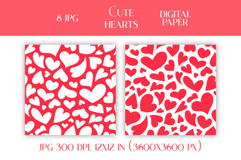 Cute Hearts Digital Paper Valentines Day Patterns Pack JPG | Scrapbooking Paper Collection | Pink, Red, Black and White Love Backgrounds Digital Pattern AnnaViolet_store 