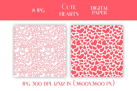 Cute Hearts Digital Paper Valentines Day Patterns Pack JPG | Scrapbooking Paper Collection | Pink, Red, Black and White Love Backgrounds Digital Pattern AnnaViolet_store 