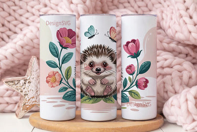 Cute Hedgehog & Flowers 20oz Tumbler Sublimation DesignSVG 