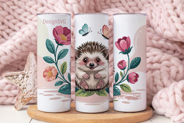 Cute Hedgehog & Flowers 20oz Tumbler Sublimation DesignSVG 