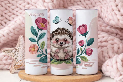 Cute Hedgehog & Flowers 20oz Tumbler Sublimation DesignSVG 