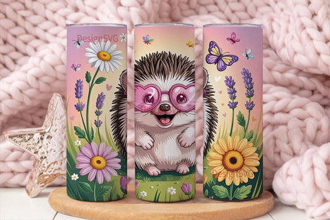 Cute Hedgehog with Flowers Tumbler Wrap Sublimation DesignSVG 