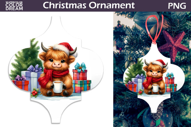 Cute Highland Cow Arabesque Ornament | Arabesque Christmas Ornament Sublimation WatercolorColorDream 