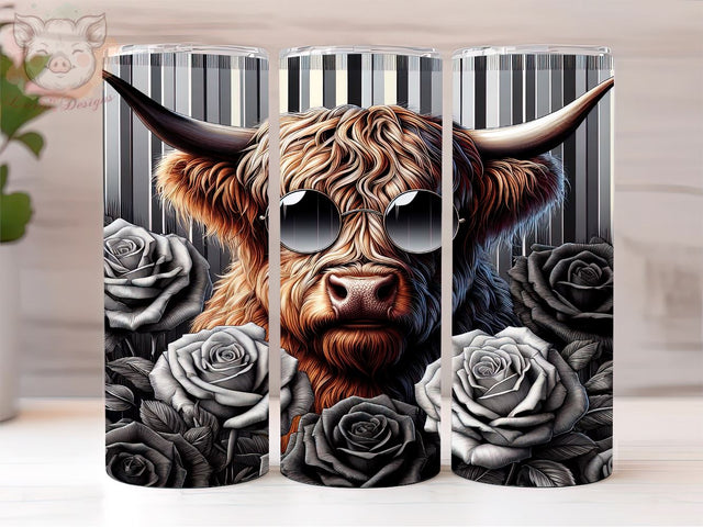 Cute Highland Cow Black Rose 20oz Tumbler Png, Straight & Tapered Tumbler Png, Highland Cow Tumbler Png, Digital Download PNG Sublimation Lara' s Designs 