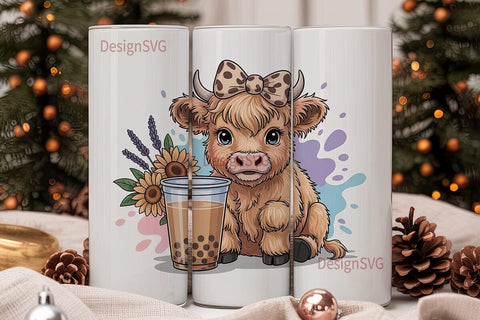 Cute Highland Cow Boba 20oz Tumbler Wrap Sublimation DesignSVG 