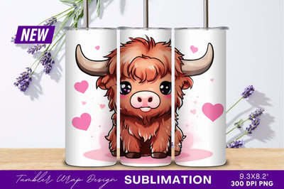 Cute highland cow cartoon hearts tumbler png Sublimation Regulrcrative 