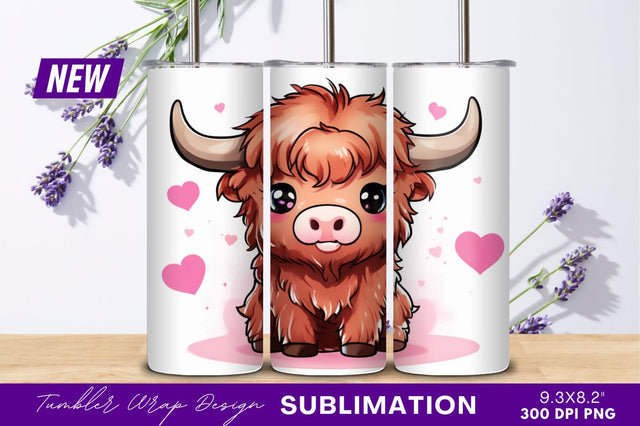 Cute highland cow cartoon hearts tumbler png Sublimation Regulrcrative 