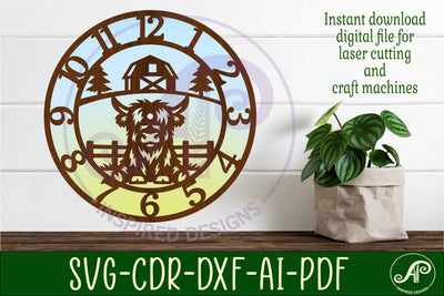 Cute Highland Cow clock wall clock laser cut file SVG APInspireddesigns 