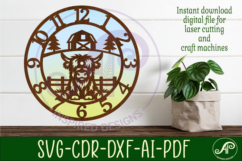 Cute Highland Cow clock wall clock laser cut file SVG APInspireddesigns 
